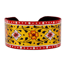 Load image into Gallery viewer, Painted Floral Adjustable Red and Yellow Tin Cuff Bracelet - Goddess of Joy | NOVICA
