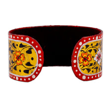 Load image into Gallery viewer, Painted Floral Adjustable Red and Yellow Tin Cuff Bracelet - Goddess of Joy | NOVICA
