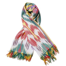 Load image into Gallery viewer, Hand-Woven Multicolored Cotton Ikat Scarf with Fringes - Bright Colors | NOVICA
