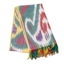 Load image into Gallery viewer, Hand-Woven Multicolored Cotton Ikat Scarf with Fringes - Bright Colors | NOVICA
