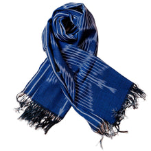 Load image into Gallery viewer, Hand-Woven Fringed Cotton Ikat Scarf in Blue with Stripes - Electric Blue | NOVICA
