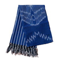 Load image into Gallery viewer, Hand-Woven Fringed Cotton Ikat Scarf in Blue with Stripes - Electric Blue | NOVICA
