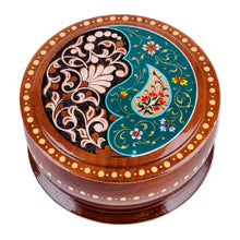 Load image into Gallery viewer, Round Walnut Wood Jewelry Box with Paisley and Floral Motifs - Teal Paisley Glory | NOVICA
