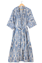 Load image into Gallery viewer, Handwoven Ikat Cotton Robe in Blue White and Grey Hues - Samarkand Days | NOVICA
