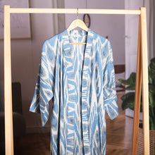 Load image into Gallery viewer, Handwoven Ikat Cotton Robe in Blue White and Grey Hues - Samarkand Days | NOVICA
