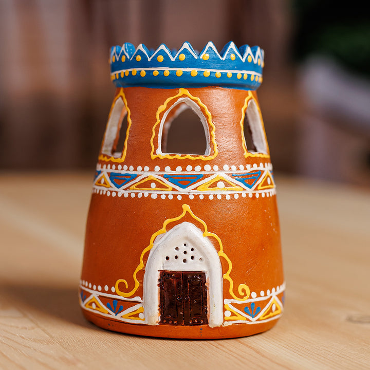 Hand-Painted Minaret-Shaped Porcelain Tealight Candleholder - A Light in the Minaret | NOVICA
