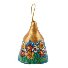 Load image into Gallery viewer, Painted Floral Golden and Teal Porcelain Decorative Bell - Eden Melody | NOVICA
