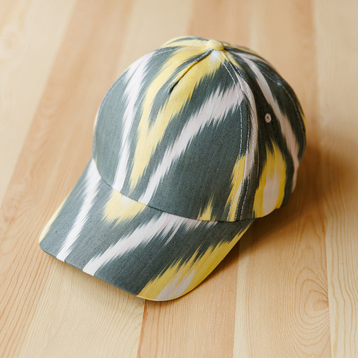 Handmade Ikat Patterned Grey and Yellow Cotton Baseball Cap - Intrepid Yellow | NOVICA