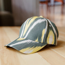 Load image into Gallery viewer, Handmade Ikat Patterned Grey and Yellow Cotton Baseball Cap - Intrepid Yellow | NOVICA
