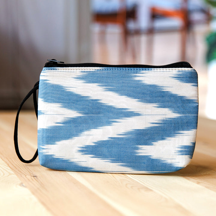 Blue and White Ikat Patterned Cotton Zippered Cosmetic Bag - Ikat Serenity | NOVICA