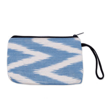 Load image into Gallery viewer, Blue and White Ikat Patterned Cotton Zippered Cosmetic Bag - Ikat Serenity | NOVICA
