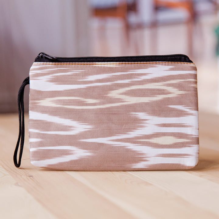Beige and White Ikat Patterned Cotton Zippered Cosmetic Bag - Ikat Tenderness | NOVICA