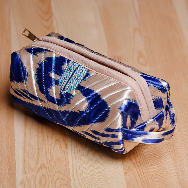 Blue and White Ikat Cosmetic Bag with Handle & Brass Zipper - Magical Blue | NOVICA