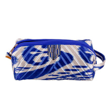Load image into Gallery viewer, Blue and White Ikat Cosmetic Bag with Handle &amp; Brass Zipper - Magical Blue | NOVICA
