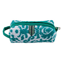 Load image into Gallery viewer, Handmade Green &amp; White Ikat Cotton Cosmetic Bag with Handle - Gorgeous Green | NOVICA
