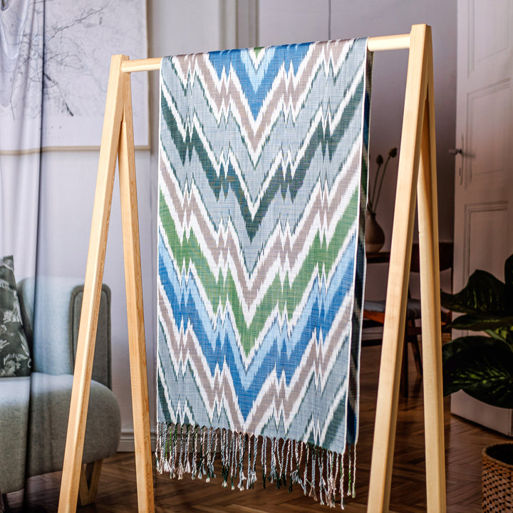 Chevron-Inspired Handmade Colorful Fringed Cotton Ikat Scarf - Rays of Grace | NOVICA