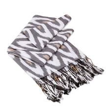 Load image into Gallery viewer, Peacock-Patterned Black and White Fringed Cotton Ikat Scarf - Black Plumage | NOVICA
