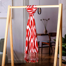 Load image into Gallery viewer, Peacock-Patterned Red and White Fringed Cotton Ikat Scarf - Cherry Plumage | NOVICA
