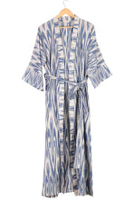Load image into Gallery viewer, Handwoven 100% Cotton Robe with Blue and White Ikat Patterns - Samarkand Splendor | NOVICA
