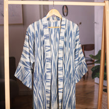 Load image into Gallery viewer, Handwoven 100% Cotton Robe with Blue and White Ikat Patterns - Samarkand Splendor | NOVICA

