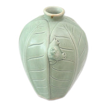 Load image into Gallery viewer, Handcrafted Ceramic Vase with Leaves and Frog - Frangipani Frog | NOVICA
