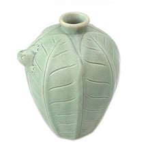 Load image into Gallery viewer, Handcrafted Ceramic Vase with Leaves and Frog - Frangipani Frog | NOVICA
