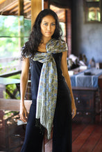 Load image into Gallery viewer, Indonesian Floral Silk Shawl - Blue Floral Stars | NOVICA
