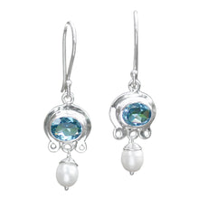 Load image into Gallery viewer, Blue Topaz and Pearl Silver Dangle Earrings - Sky Fantasy | NOVICA
