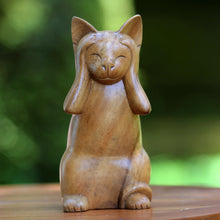 Load image into Gallery viewer, Wood Animal Sculpture - Hear No Evil Cat | NOVICA
