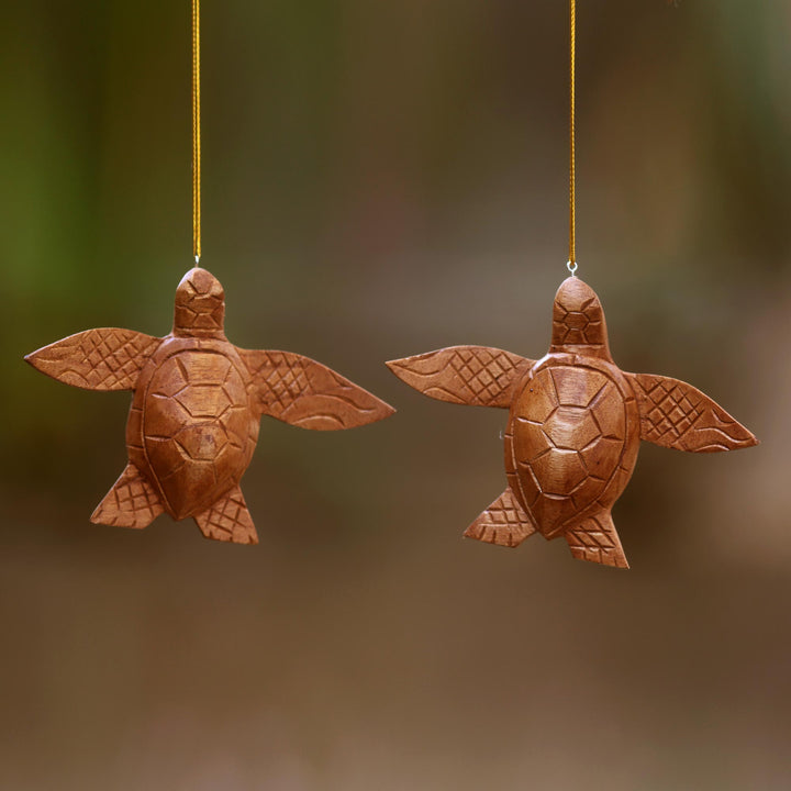 2 Turtle Wood Ornaments Artisan Crafted in Indonesia - Patient Turtle | NOVICA