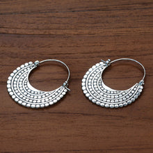 Load image into Gallery viewer, Artisan Crafted Sterling Silver Hoop Style Earrings - Moon Sliver | NOVICA
