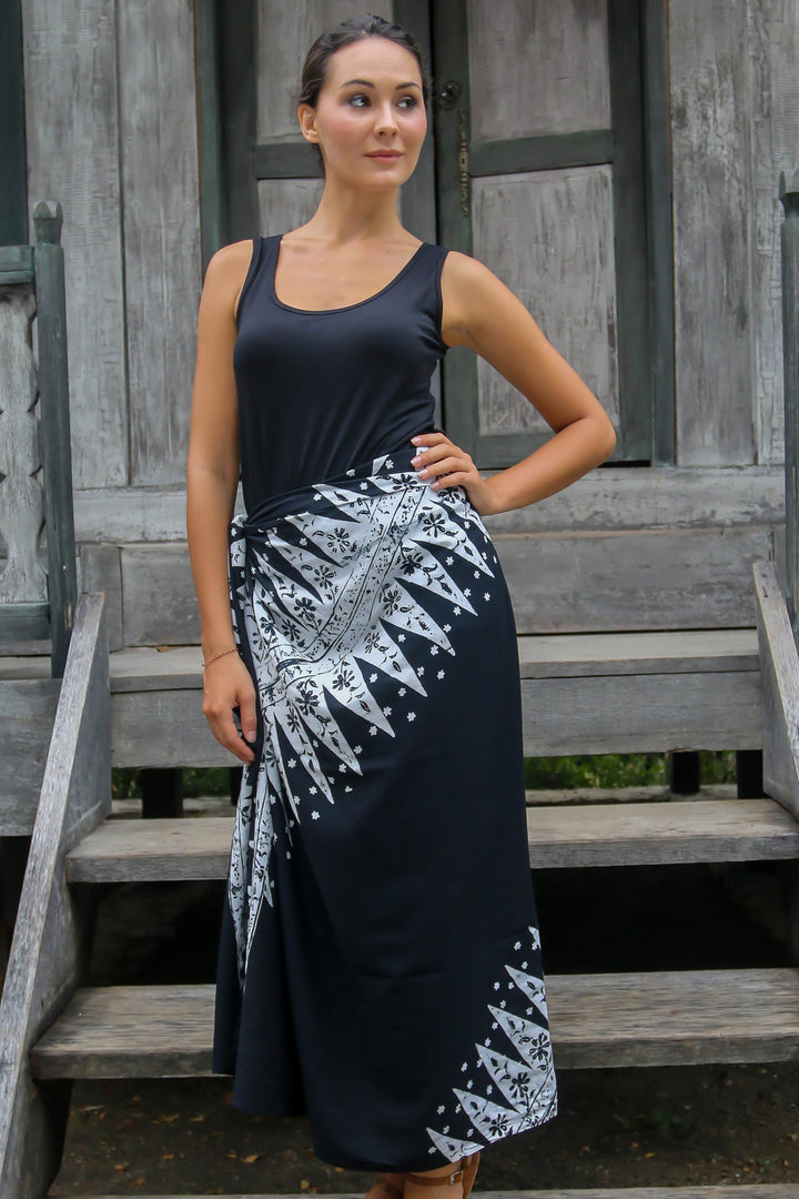 Black and White Hand Stamped Batik Rayon Sarong - Blossoming Milkyway | NOVICA