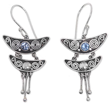 Load image into Gallery viewer, Balinese Sterling Silver and Blue Topaz Dangle Earrings - Balinese Pagoda | NOVICA
