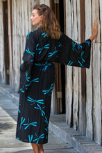 Load image into Gallery viewer, Handcrafted Black Batik Robe with Dragonflies from Bali - Night Dragonflies | NOVICA

