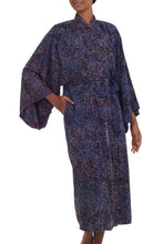 Load image into Gallery viewer, Handcrafted Blue &amp; Peach Batik Rayon Robe from Indonesia - Bewildering Maze | NOVICA
