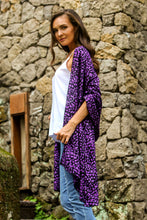 Load image into Gallery viewer, Balinese Hand Stamped Purple and Black Rayon Batik Shawl - Purple Beach Pebbles | NOVICA
