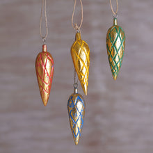 Load image into Gallery viewer, Four Handcrafted Gold Tone Albesia Wood Ornaments from Bali - Golden Cones | NOVICA
