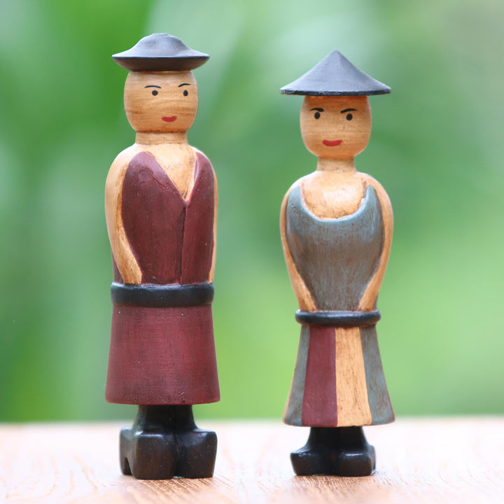 Hand Carved Wood Figurines of a Farmer Couple from Bali - Happy Farmers | NOVICA