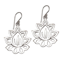 Load image into Gallery viewer, Sterling Silver Lotus Flower Dangle Earrings from Bali - Unforgettable Lotus | NOVICA

