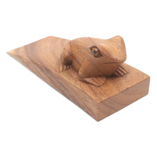Load image into Gallery viewer, Handcrafted Suar Wood Frog Doorstop in Brown from Bali - Helpful Toad in Brown | NOVICA
