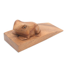 Load image into Gallery viewer, Handcrafted Suar Wood Frog Doorstop in Brown from Bali - Helpful Toad in Brown | NOVICA

