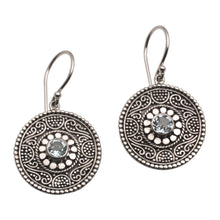 Load image into Gallery viewer, Blue Topaz and 925 Silver Circular Dangle Earrings from Bali - Mystic Shields | NOVICA

