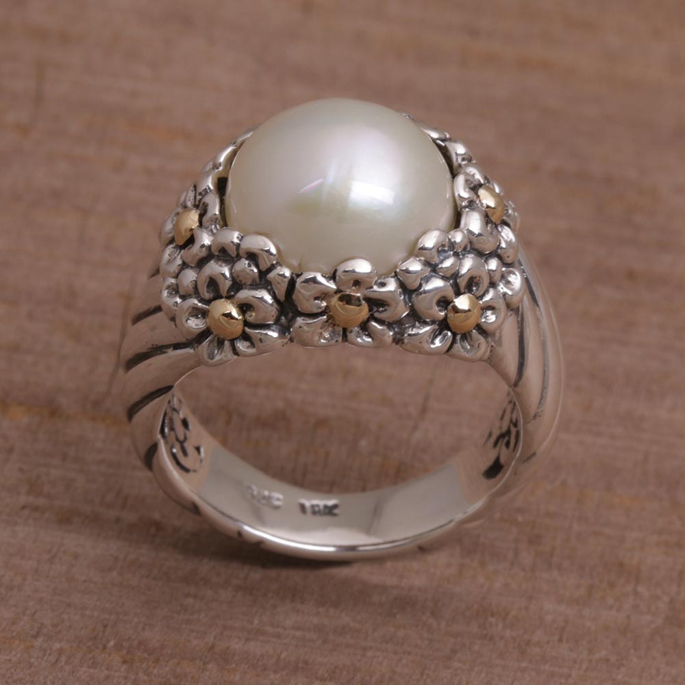 NOVICA Handmade Sterling Silver Cocktail Ring With Blue Cultured Pearl & Floral Motifs - 'Dusky Daisy' Artisan Jewelry From Indonesia