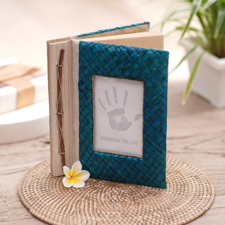 Hand-Woven Pandan Leaf Journal with Photo Cover in Blue - Woven Memories in Blue | NOVICA