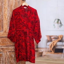 Load image into Gallery viewer, Red and Black Rayon Hand Crafted Floral Batik Short Robe - Adoration | NOVICA
