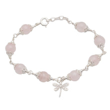 Load image into Gallery viewer, Rose Quartz Bead Charm Bracelet Sterling Silver Dragonfly - Moonlight Dragonfly in Rose | NOVICA
