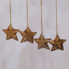 Load image into Gallery viewer, Set of 4 Handmade Brown Coconut Shell Star Ornaments - Bright Lights in the Sky | NOVICA
