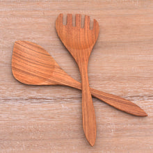 Load image into Gallery viewer, Teak Wood Serving Utensils (Pair) - Salad Serenade | NOVICA
