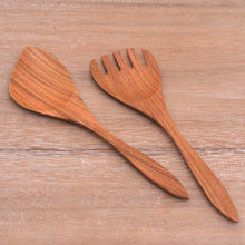 Load image into Gallery viewer, Teak Wood Serving Utensils (Pair) - Salad Serenade | NOVICA
