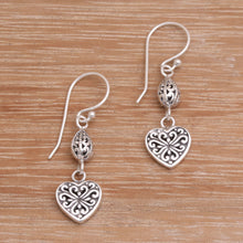 Load image into Gallery viewer, Sterling Silver Heart Shaped Dangle Earrings from Indonesia - Seeds of Hatiku | NOVICA

